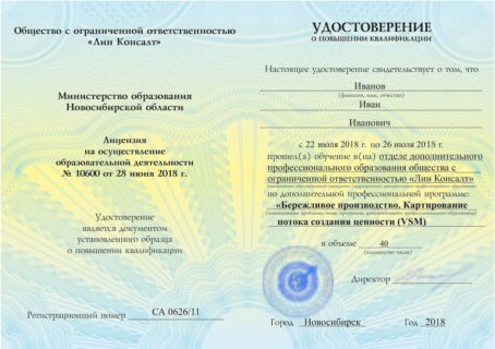 Удостоверение о повышении квалификации. Официальный документ образовательной организации о прохождении обучения в компании «Лин Консалт» с записью в ФРДО.